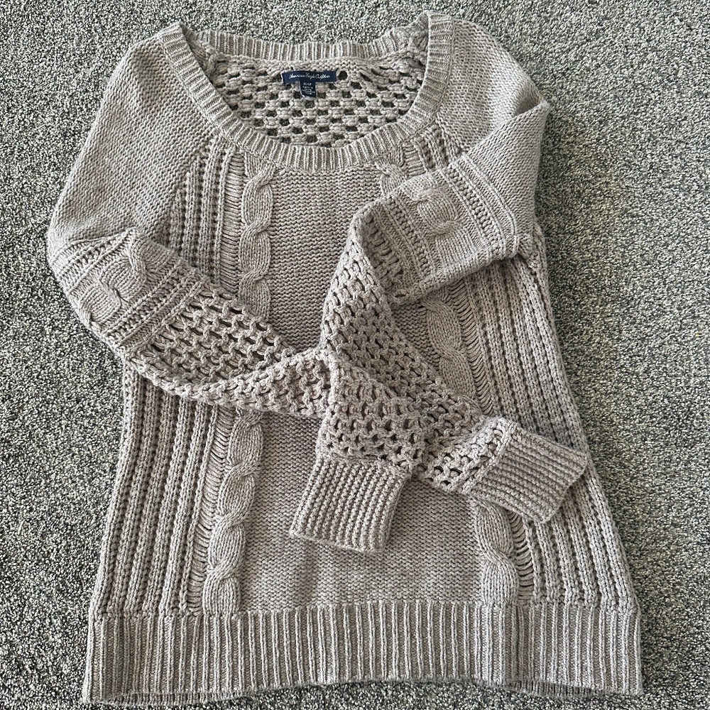 American Eagle Cable Neck Sweater Beige Knit Wool